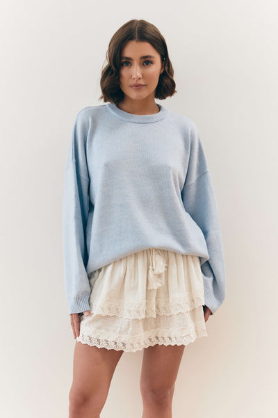 Wełniany sweter z okrągłym dekoltem błękitny